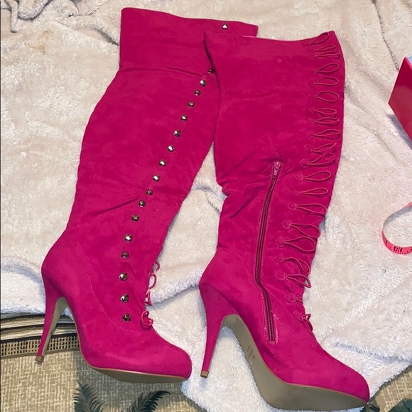 magenta thigh high boots